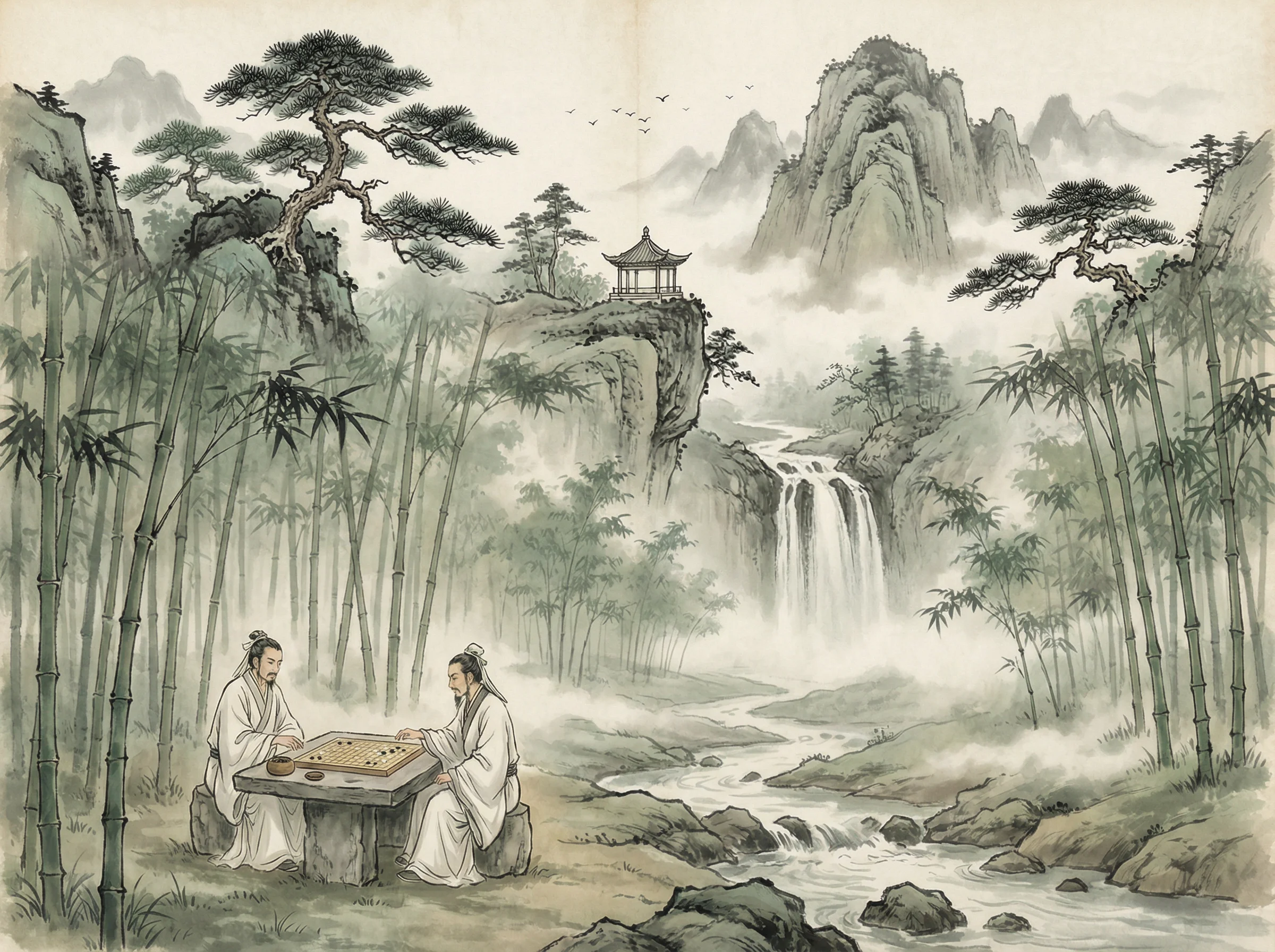 水墨山水画，松亭瀑布，财神棋牌 意境延伸
