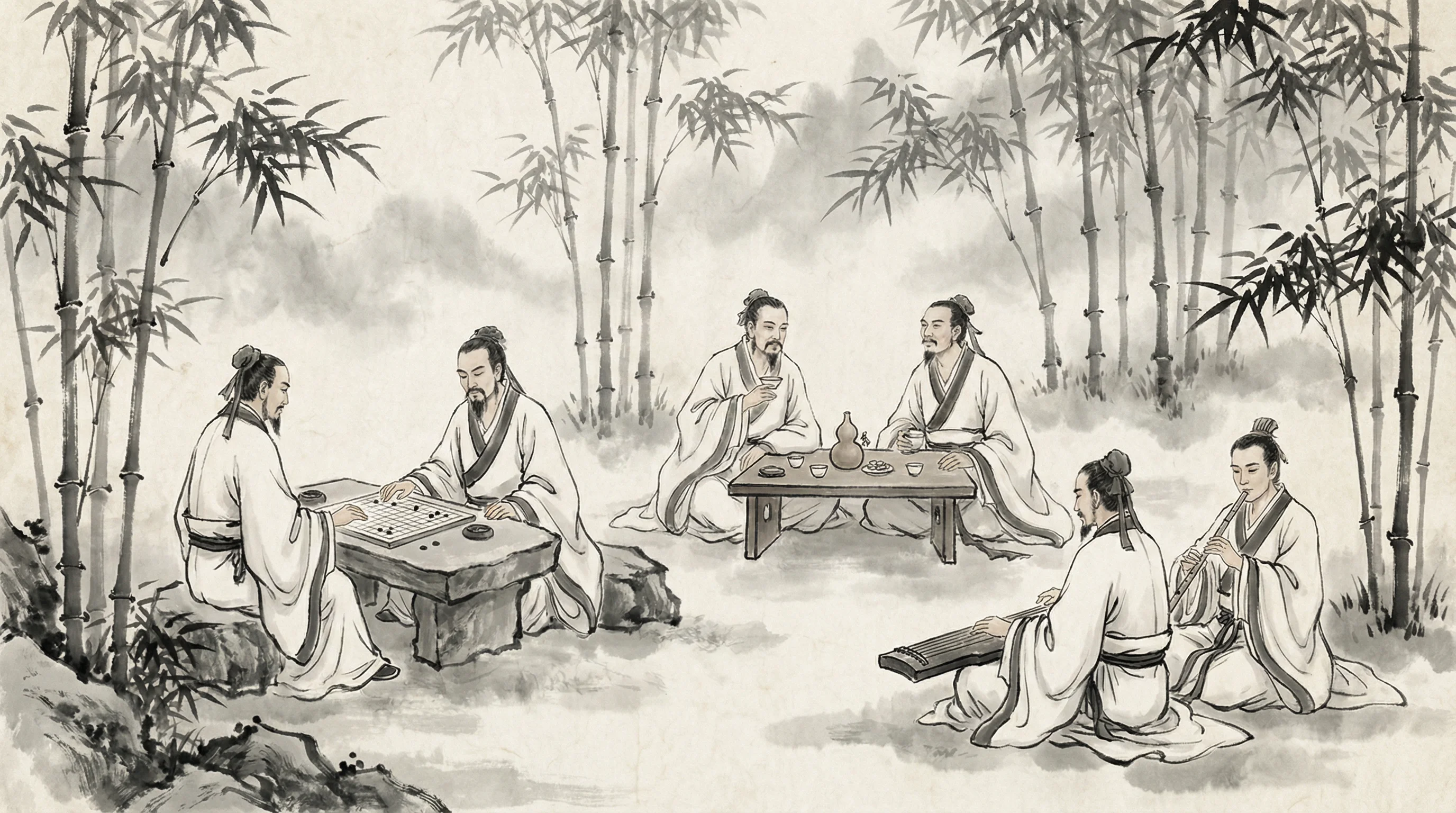 竹林七贤水墨画，隐士以棋会友，共参 财神棋牌 之道